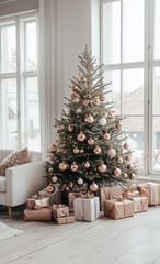 Minimalist Christmas Tree with Copper and Rose Gold Ornaments in Modern White Room