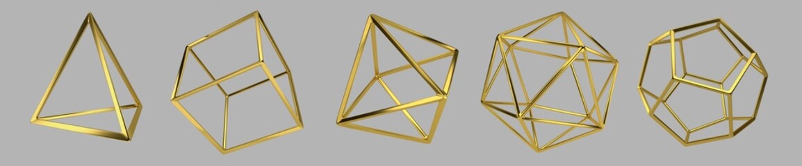 Set of Golden Platonic solids isolated on a gray background. Dodecahedron, icosahedron,...