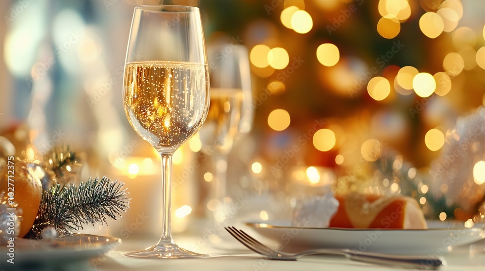 Wall mural two champagne glass or wine on festive christmas table, elegant setting with golden lights, celebrat