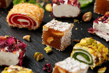 Turkish delight lokum, Middle East sweet dessert.