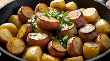 Pan win fried potatoes and fried sausages