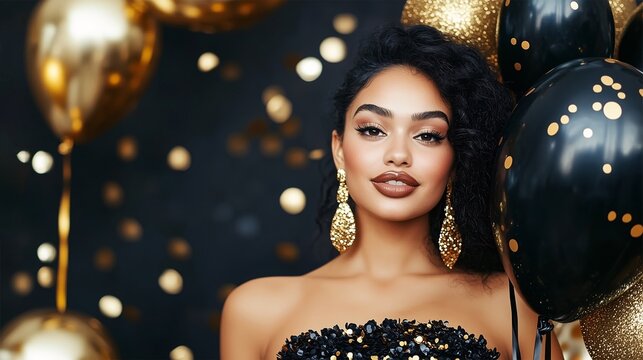 Sensual Hispanic Woman in Evening Dress Holding Gold and Black Balloons, Glamorous Party Celebration with Glitter and Confetti, New Year Background with Copy Space.