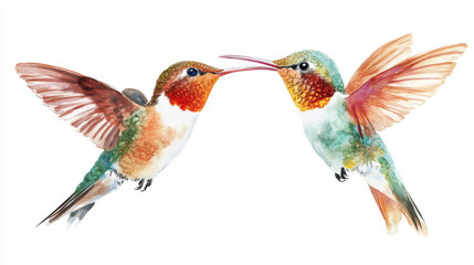Create a watercolor illustration featuring a set of beautiful tropical birds, specifically two hummingbirds, set against an isolated white background. The design should emphasize the vibrant colors an