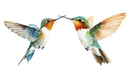 Naklejka premium Create a watercolor illustration featuring a set of beautiful tropical birds, specifically two hummingbirds, set against an isolated white background. The design should emphasize the vibrant colors an
