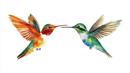 Obraz premium Create a watercolor illustration featuring a set of beautiful tropical birds, specifically two hummingbirds, set against an isolated white background. The design should emphasize the vibrant colors an