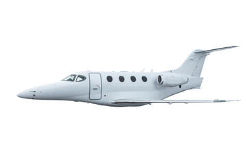 White modern luxury business jet flying isolated