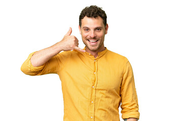 Brazilian man over isolated chroma key background making phone gesture. Call me back sign