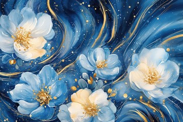 Elegant, romantic watercolor background with hand painted swirl corban blue and golden flowers, abstract background
