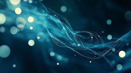 Abstract tech background in the form of blue waves, consisting of a large number of digital connection lines. Bright neon and vibrating networks and neural connections