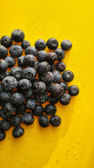 Fresh blueberries on a bright yellow background, with water droplets enhancing their freshness.