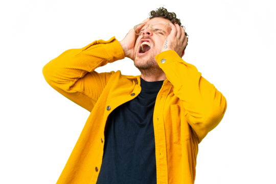 Brazilian man over isolated chroma key background stressed overwhelmed