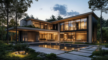 Fototapeta premium A 3D visualization of a modern private house by the lake, featuring a cozy design with large windows that offer stunning views of the water. The setting emphasizes a harmonious blend of architecture a