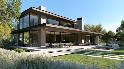 Fototapeta premium A daytime view of a luxurious modern house exterior, showcasing a stylish dining space and a beautifully landscaped garden. The design emphasizes sleek architecture and inviting outdoor areas.