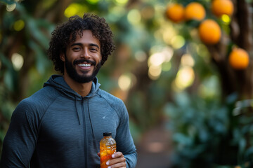 Fototapeta premium A young man enjoying a refreshing drink in an orange grove on a sunny day