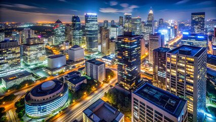 Nighttime Cityscape with Bright Lights. High-Angle Night Cityscape with Illuminated Buildings