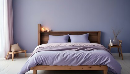 Cozy Scandinavian bedroom with a minimalist wooden bed frame, featuring soft, luxurious bedding, creating a warm and inviting atmosphere.