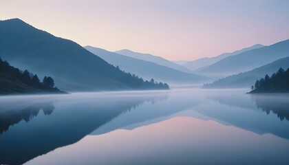 Morning mist gently rising over the mountains, creating a serene and ethereal landscape that captures the beauty of dawn