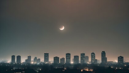 Fototapeta premium A large moon rising over a city skyline with tall skyscrapers, creating a striking urban scene illuminated by lunar light