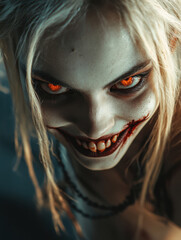 blonde woman with red eyes and scarry smile 