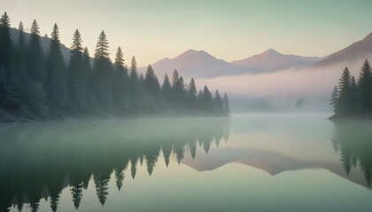 Fototapeta premium Morning mist gently rising over the mountains, creating a serene and ethereal landscape that captures the beauty of dawn
