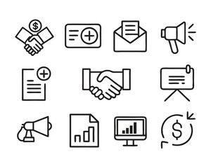 Business marketing thin line icon set. Containing sponsor, agreement, donation, handshake, partnership, trust, money, social media, megaphone, campaign, purchase, donation. Vector illustration