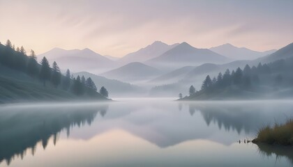 A calm, misty morning in the mountains, enveloped in fog, creating a serene and peaceful atmosphere perfect for reflection and tranquility