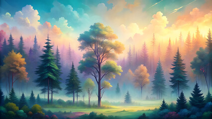 Obraz premium Whimsical Forest with Pastel Gradient Trees. Pastel-Colored Forest with Gradient Trees