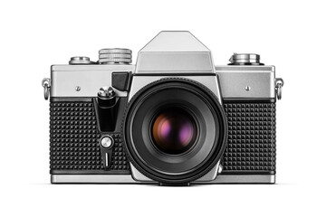 Vintage metallic film SLR camera isolated. Front view. Transparent PNG image.