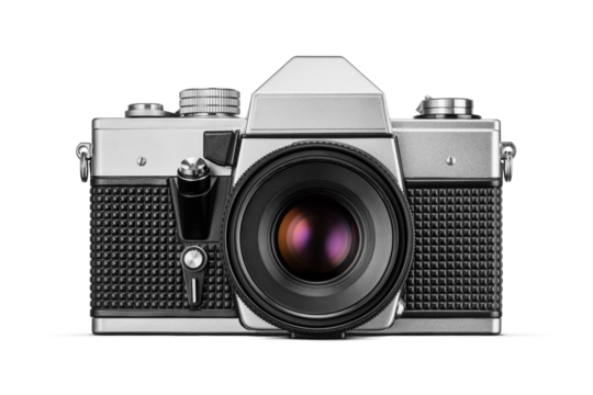 Vintage metallic film SLR camera isolated. Front view. Transparent PNG image.