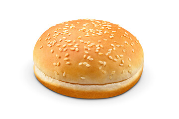 Freshly baked sesame seed hamburger bun isolated. Transparent PNG image.