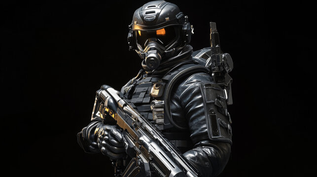 Create a panoramic image of a soldier equipped with a silencer weapon, dressed in a uniform that conforms to the Tactical Units of Police. The shot should be taken in a studio and isolated against a b