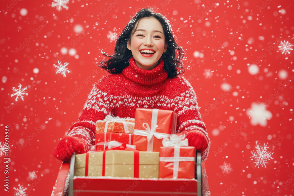 Canvas Prints Woman in red sweater holding a Christmas present, smiling warmly with tree lights twinkling behind her, creating a cozy holiday vibe.