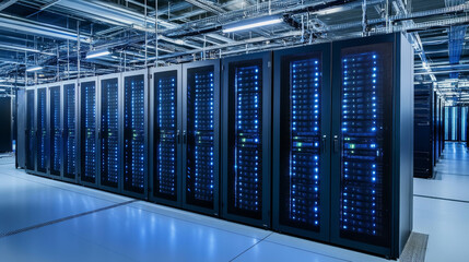 Create a visual representation featuring a supercomputer and rack-mounted servers within a modern data center. The design should symbolize the capabilities of high-performance computing and artificial