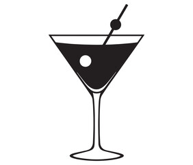 Cocktail glass icon, Martini glass with ice, Silhouette alcohol vector
