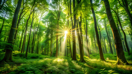 Obraz premium Sunlit Lush Green Forest with Warmth and Harmony. Sunlit Green Forest with Warmth and Harmony