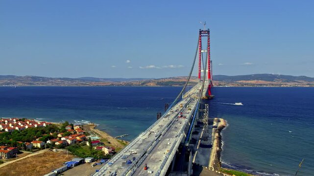 The ongoing construction of the massive engineering project, the 1915 &Ccedil;anakkale Bridge, stretches between Lapseki and Gelibolu.