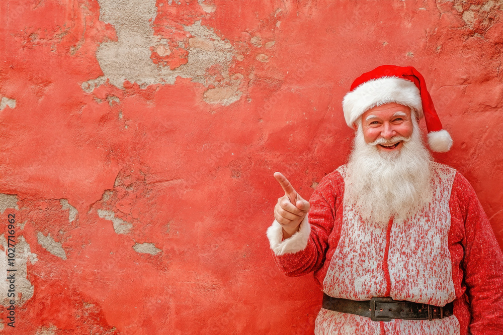 Poster A man dressed as Santa Claus points at the camera in a festive holiday photo.