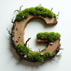 A wooden character "G" adorned with lush green moss, creating an eco-friendly and nature-inspired design. Perfect for projects focused on sustainability, organic themes, and rustic aesthetics.