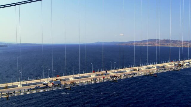 The ongoing construction of the massive engineering project, the 1915 &Ccedil;anakkale Bridge, stretches between Lapseki and Gelibolu.