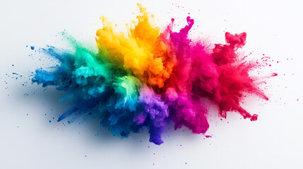 A vibrant explosion of colorful powder creating a stunning visual effect against a white background. Ideal for projects requiring lively and dynamic illustrations.