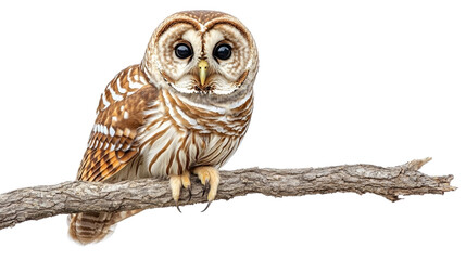 Naklejka premium A detailed illustration of a wise owl perched on a branch, showcasing intricate feathers and captivating eyes. isolated background