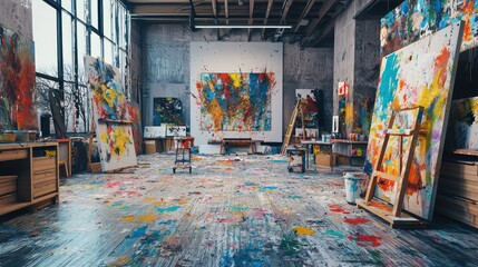 Vibrant Modern Art Studio with Colorful Splashes