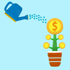 Blue watering can water Golden Dollar money coin tree Concept investment growth , business , finance , made from plasticine sculpture technic