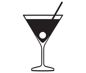Cocktail glass icon, Martini glass with ice, Silhouette alcohol vector