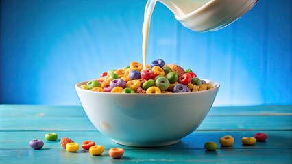Milk is being poured into a plate filled with colorful cereal as seen from a low angle perspective, low angle, pouring milk with cereal, pouring into plate, pouring liquid, liquid