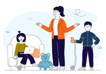 Kids with addiction to gadgets. Boy and girl with chains and smartphone. Mental and psychological problems. Gadget and device. Linear vector illustration