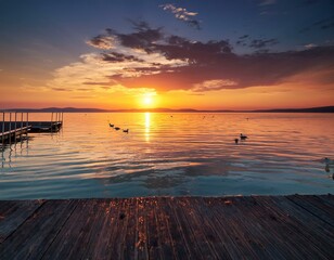 amazing sunset over lake balaton in summer