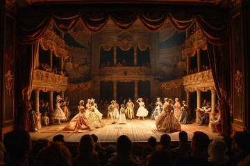 An engaging performance unfolds as actors in elaborate costumes entertain a captivated audience in a historic theater. Generative AI