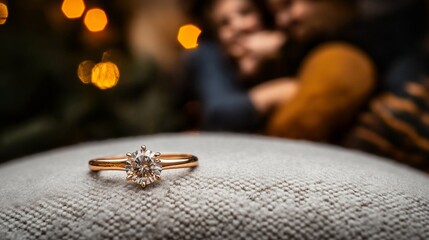 A close-up of a diamond engagement ring resting on a textured pillow with a blurred background of a couple in a cozy embrace, highlighted by warm bokeh lights