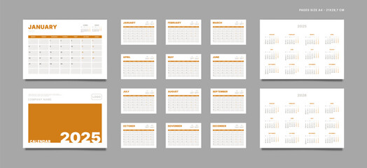 Set of 2025 Pages Monthly Calendar Planner Templates, Cover with Place for Photo, Company Logo, Annual. Design of Vector layout Calendar Pages size A4-21x29.7 cm in for print. Week start on Monday